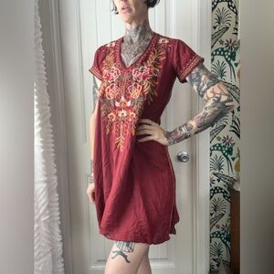 Johnny Was Workshop Floral Embroidered V-Neck Mini Dress Coverup XS